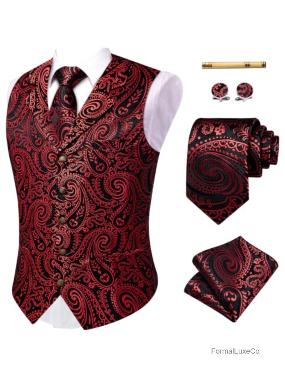 Mens Silk Blend Paisley Vest Tie Set Victorian Steampunk Formal Waistcoat